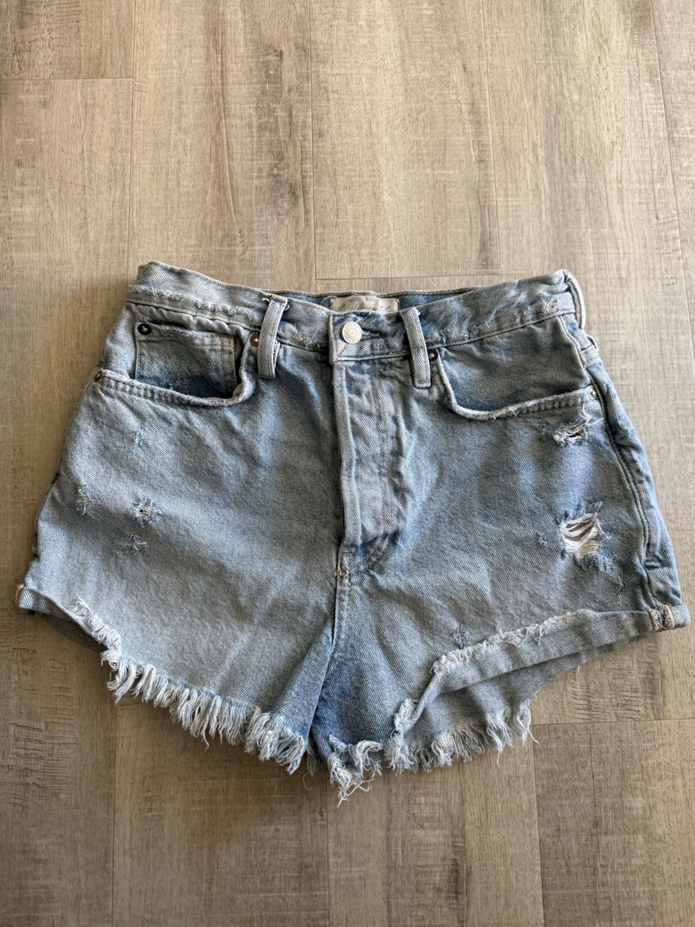 Free People, high rise, medium wash, distressed denim shorts, 26